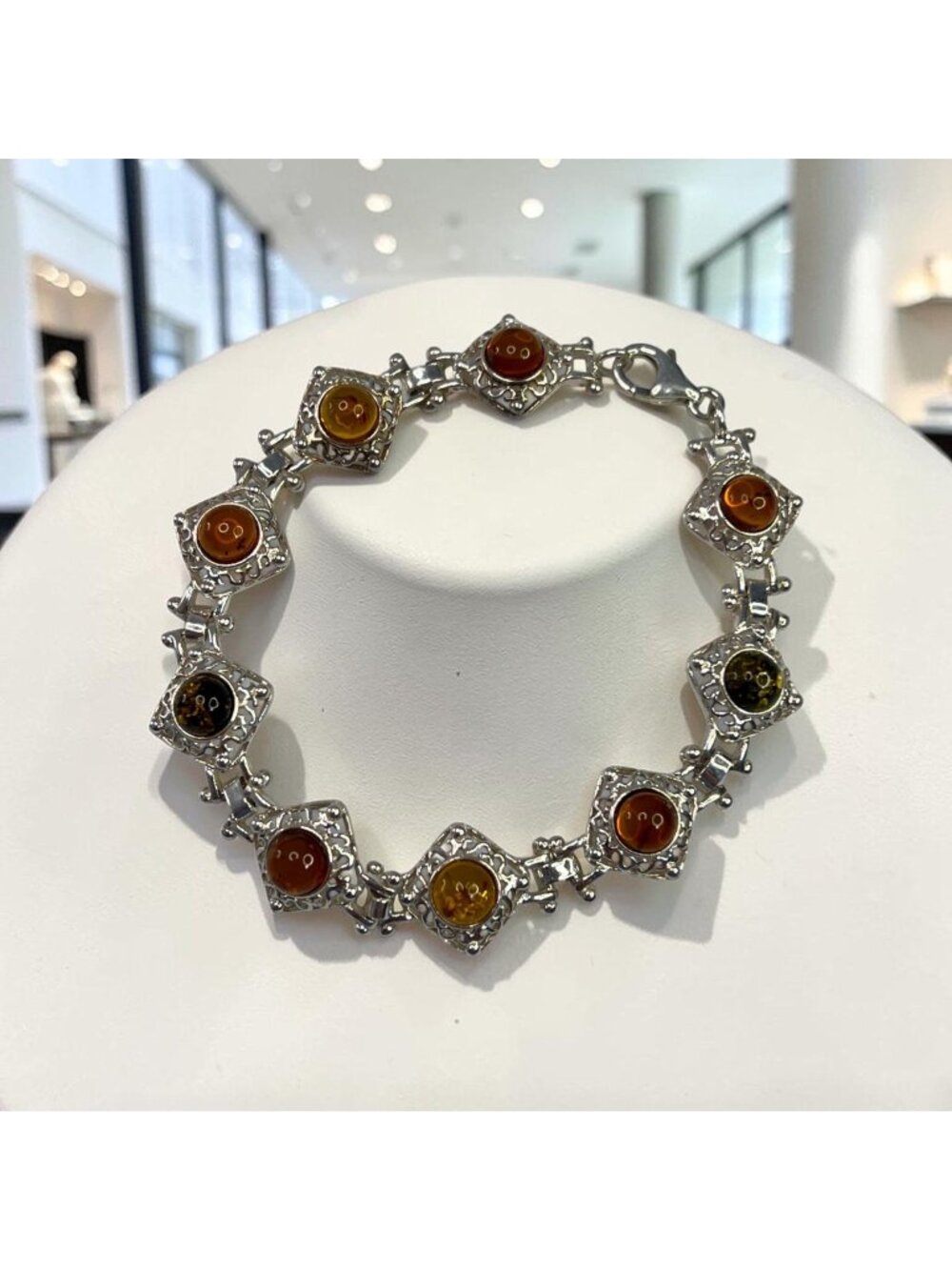 Amber & 925 Sterling Silver Bracelet With Multicolor Stones Elegant Jewelry